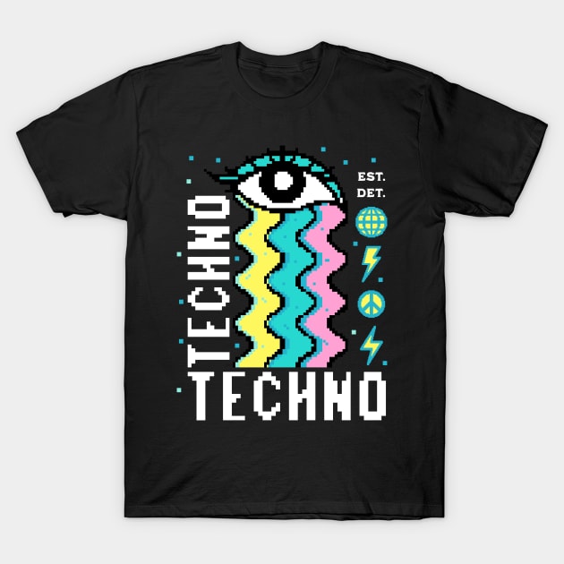 TECHNO  - 8 bit Rainbow Tears (white/blue/yellow) T-Shirt by DISCOTHREADZ 